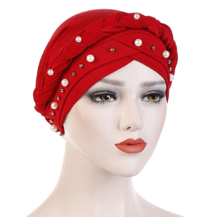 Ladies Turban Cap Milk Silk Single Braid Cap Rivet White Pearl Hooded Cap — Brown