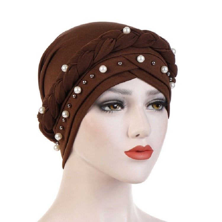 Ladies Turban Cap Milk Silk Single Braid Cap Rivet White Pearl Hooded Cap — Navy
