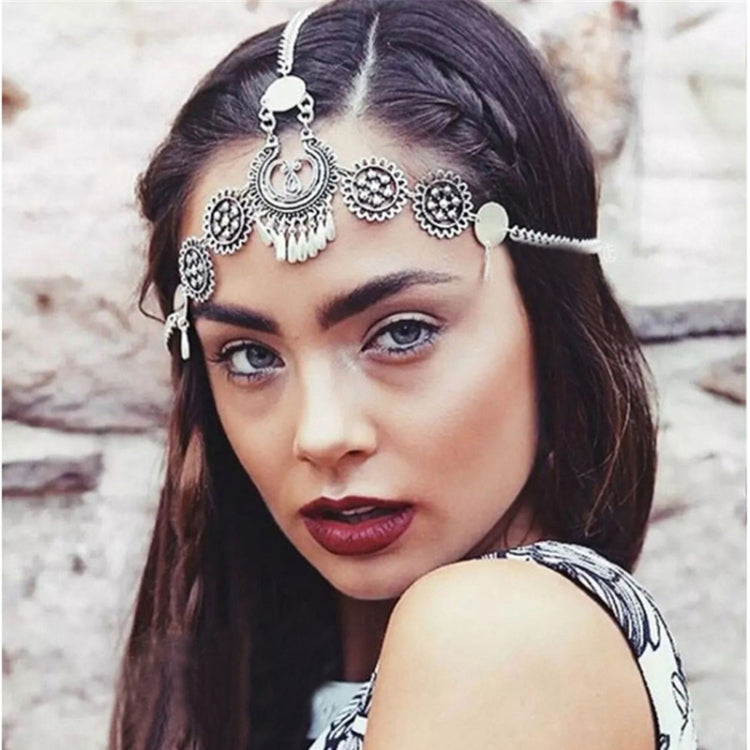 Silver Vintage Tassel Hair Jewelry Metal Coin Headband Long Punk Head Chain Piece Forehead Headpiece