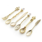 6pcs / Set Vintage Mini Coffee Spoons Suit Royal Style Metal Carved Coffee Fruit Cutler Dessert Flatware Kitchen Tools — Gold
