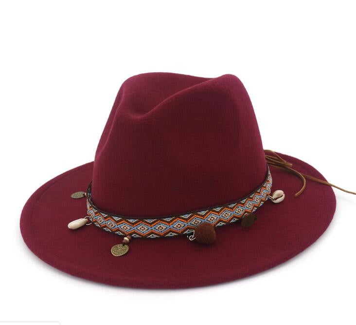 Women Jazz Caps Bohemia Style Woolen Hats for Spring Summer Beach — Red wine