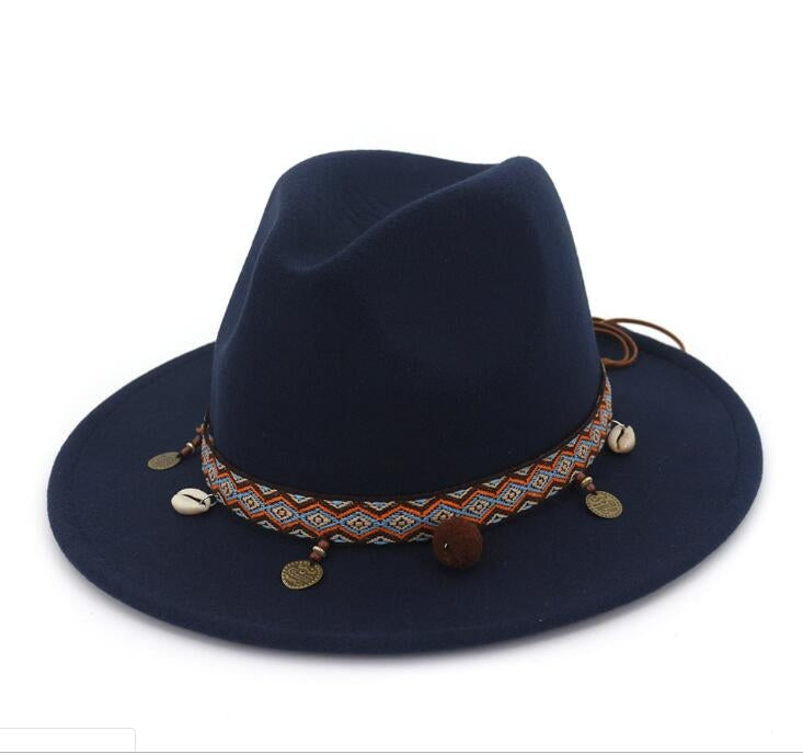 Women Jazz Caps Bohemia Style Woolen Hats for Spring Summer Beach — Dark -blue