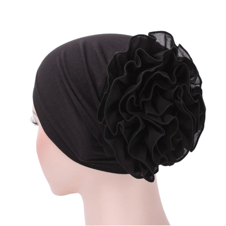 Solid Color Chiffon Big Cap Flower Pullover Turban Hat