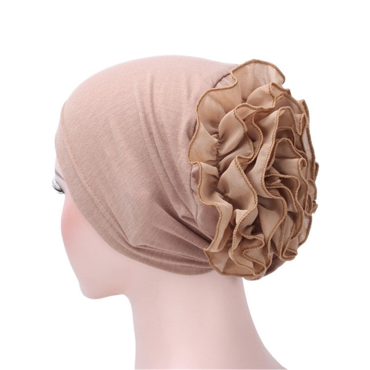 Solid Color Chiffon Big Cap Flower Pullover Turban Hat