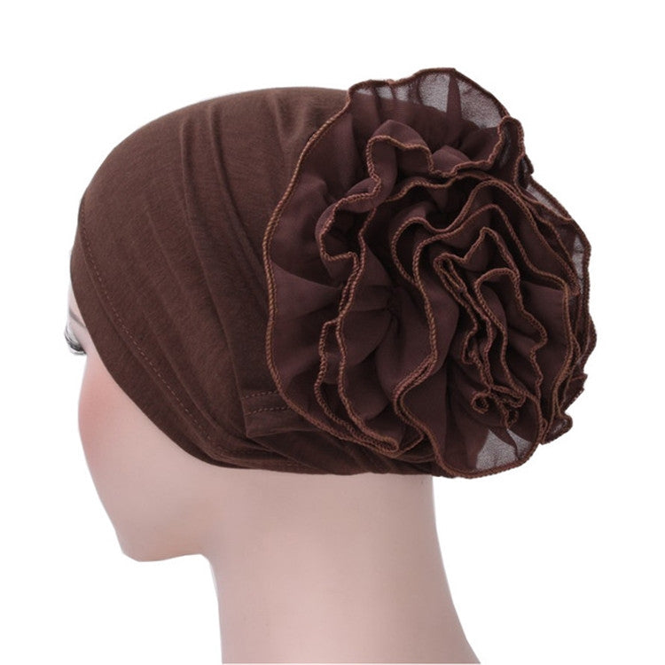 Solid Color Chiffon Big Cap Flower Pullover Turban Hat