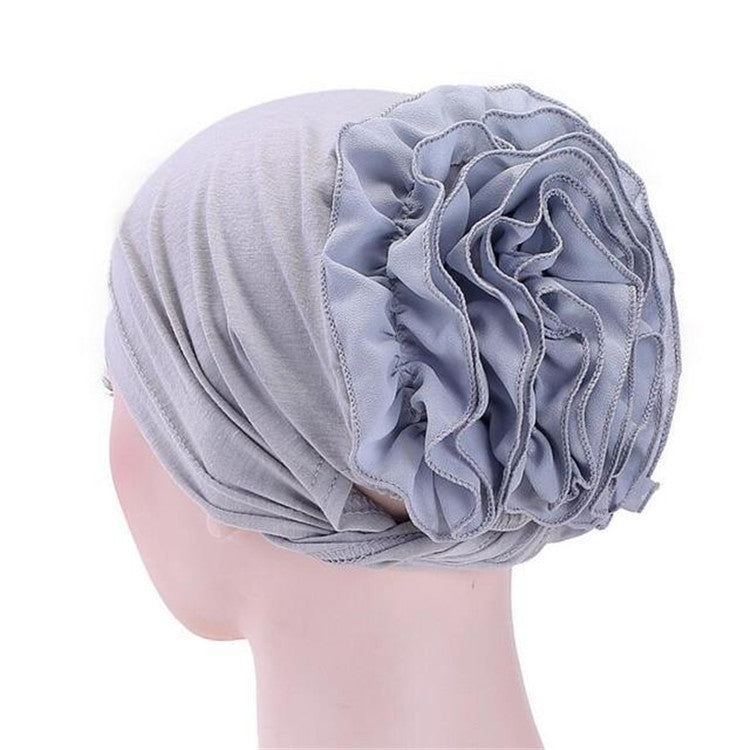 Solid Color Chiffon Big Cap Flower Pullover Turban Hat