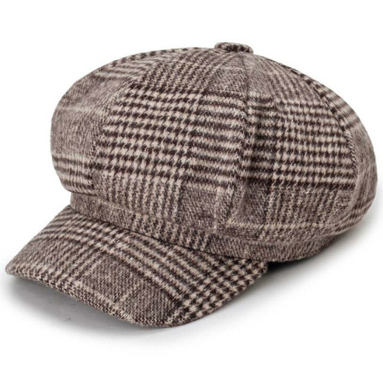 Autumn and Winter Retro Style Woolen Plaid Beret Octagonal Cap