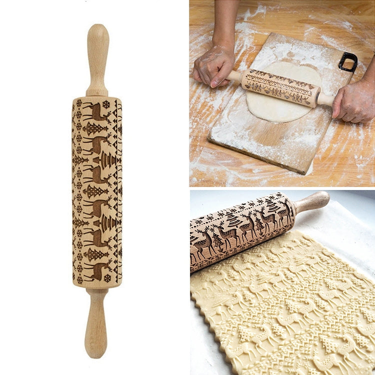 Christmas Embossing Rolling Pin Baking Cookies Fondant Cake Dough Engraved Roller