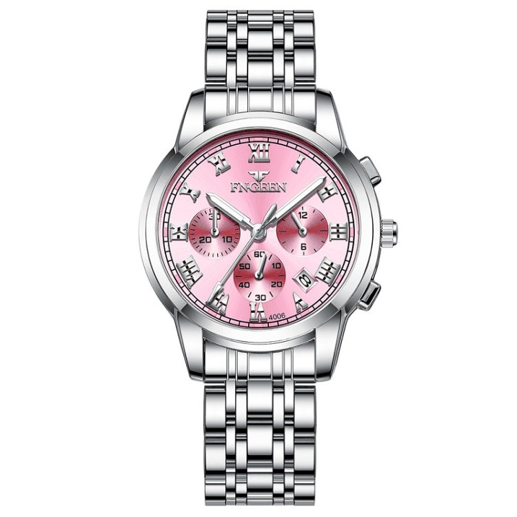 FNGEEN 4006 Ladies Quartz Watch Fashion Luminous Date Display Watch — White Steel Pink Surface