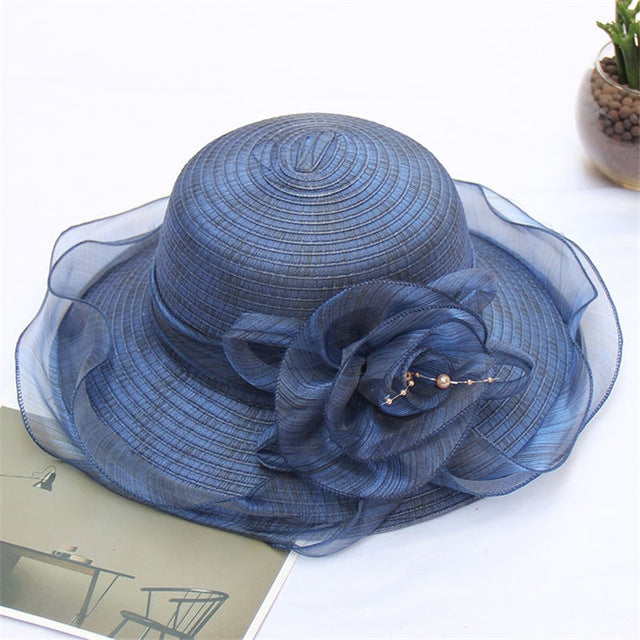 Women Summer Organza Flower Decoration Foldable Sun Hat Bucket Hat Formal Hat
