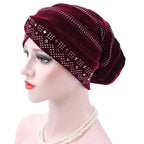 Pleuche Rhinestone Turban Hat Stacking Hat — Red Wine