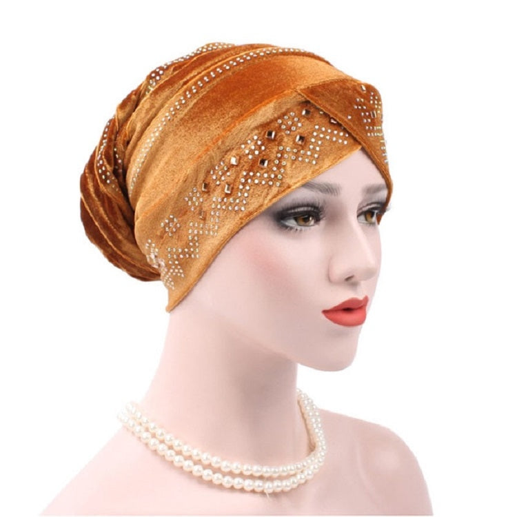 Pleuche Rhinestone Turban Hat Stacking Hat