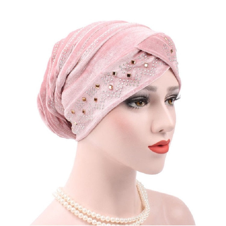Pleuche Rhinestone Turban Hat Stacking Hat