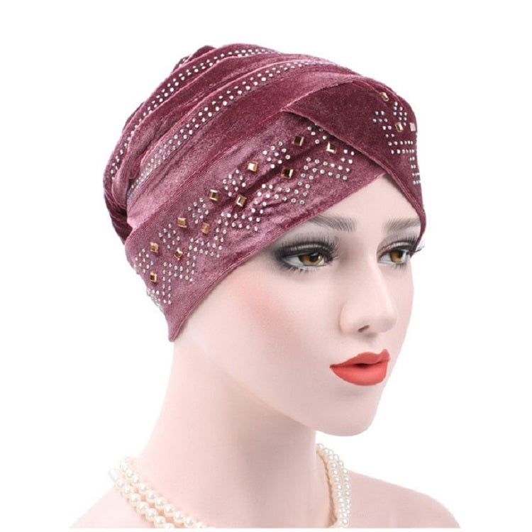 Pleuche Rhinestone Turban Hat Stacking Hat