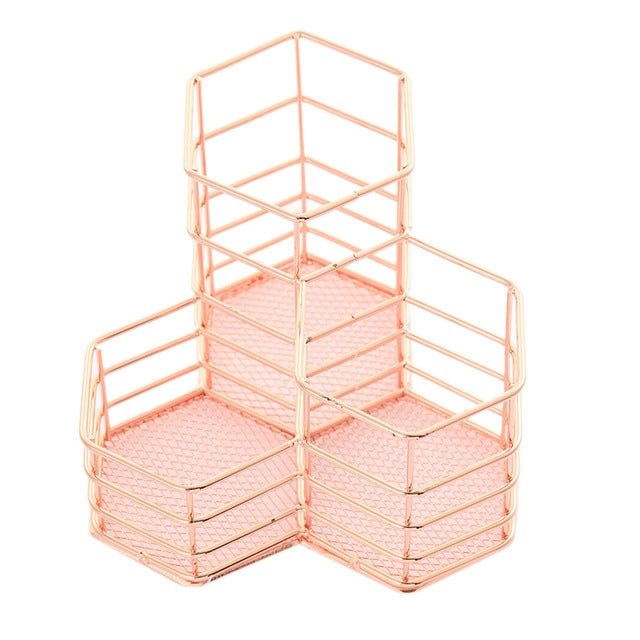 Desk Hexagon Iron Hollow Makeup Brush Organizer Stationery Storage Container Hexagonal Penholder, Pen Cup Holder