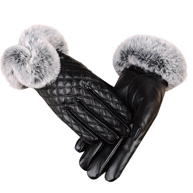 Women PU Leather Gloves Imitated Rabbit Fur Thick Warm Winter and Autumn Female Gloves