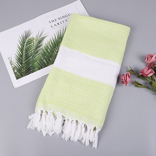 Striped Cotton Bath Towel With Tassels Thin Travel Camping Bath Sauna Beach Gym Pool Blanket Absorbent Easy Care — Blue