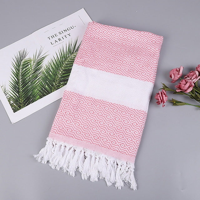 Striped Cotton Bath Towel With Tassels Thin Travel Camping Bath Sauna Beach Gym Pool Blanket Absorbent Easy Care — Red