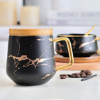 Marble Matte Gold Series Ceramic Tea Cup Coffee Mug With Wooden Lid Or Tray — White with Lid