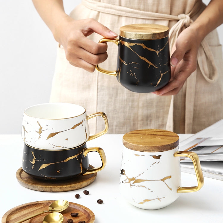 Marble Matte Gold Series Ceramic Tea Cup Coffee Mug With Wooden Lid Or Tray — view 6