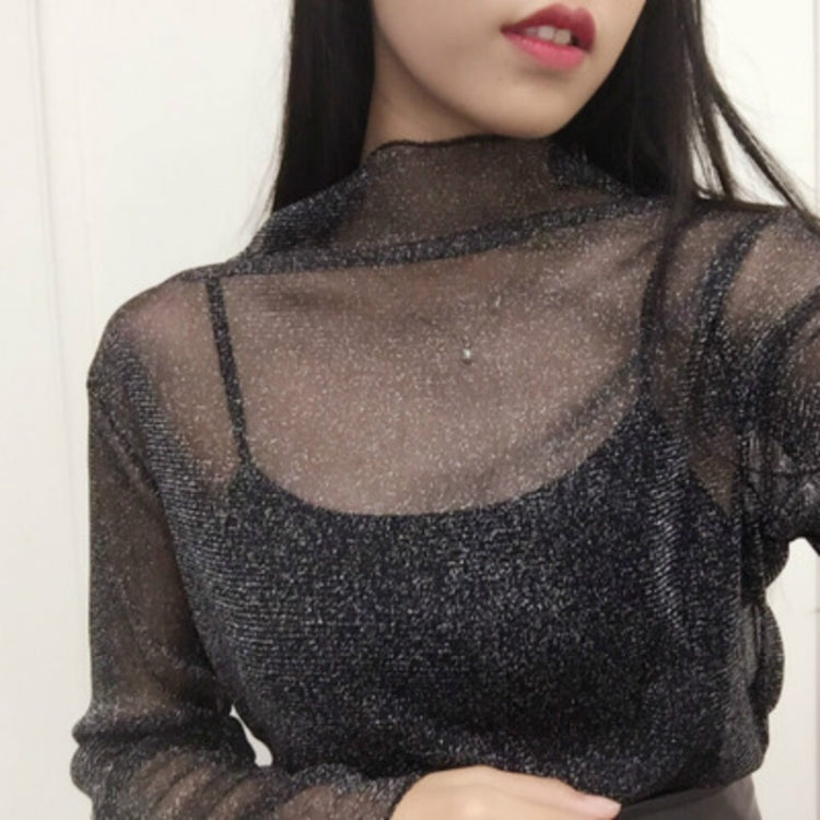 Sexy Mesh High Collar Long Sleeve Bottoming Blouse — view 11