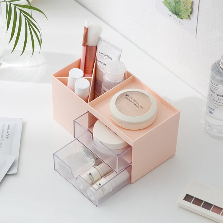 Dual Drawers Desktop Plastic Storage Box Makeup Organizer Case Cosmetic Container — Pink