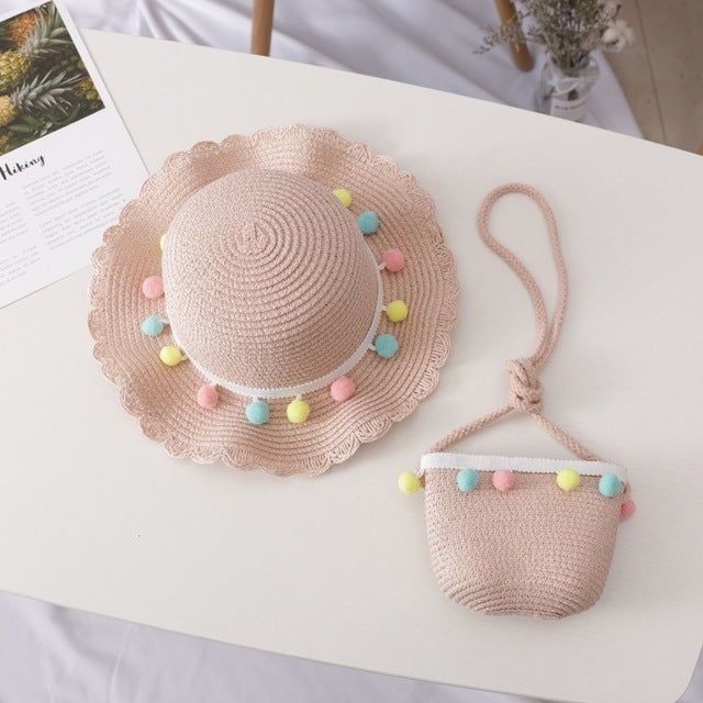 Girls Summer Breathable Straw Braided Floral Shape Border Beach Sun Hat + Small Satchel Set — view 8