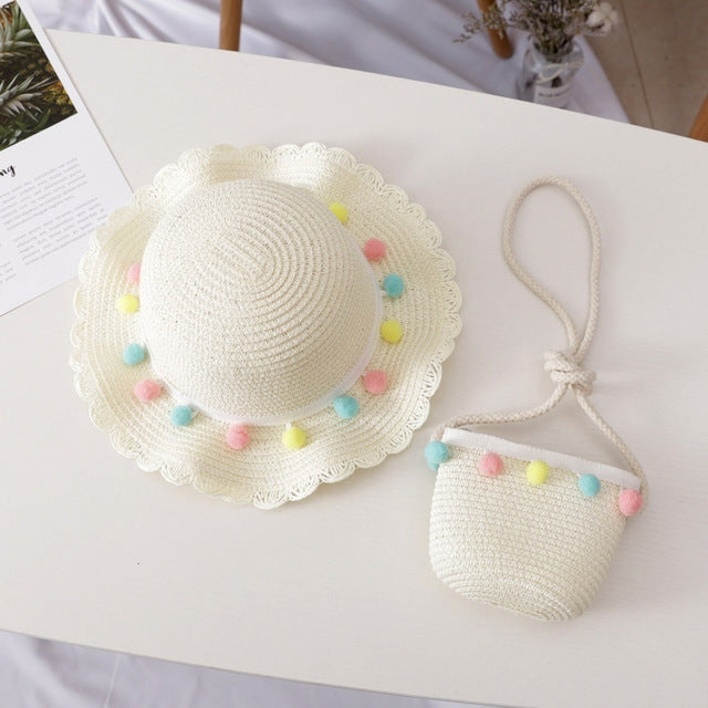 Girls Summer Breathable Straw Braided Floral Shape Border Beach Sun Hat + Small Satchel Set — view 9