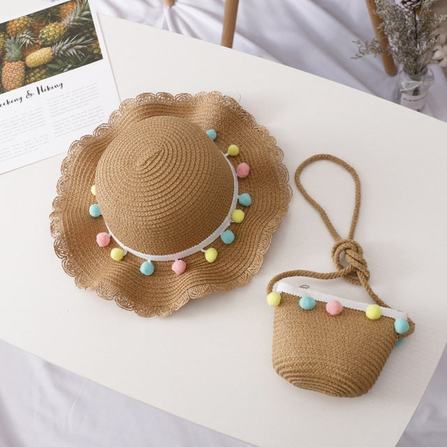 Girls Summer Breathable Straw Braided Floral Shape Border Beach Sun Hat + Small Satchel Set — view 10