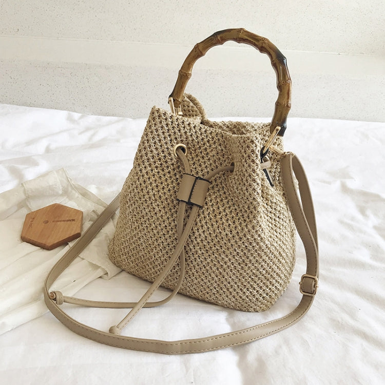 88991 Straw Handbag Shoulder Messenger Bag Bamboo Bucket Bag — White