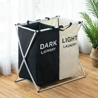 Fabric Folding Hamper Waterproof Padded Oxford Compartment Laundry Basket Hamper — 2 Grids Black and Beige
