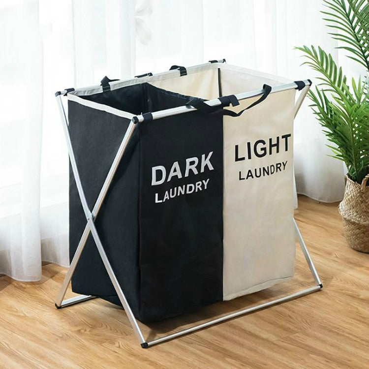 Fabric Folding Hamper Waterproof Padded Oxford Compartment Laundry Basket Hamper — 2 Grids Black and Beige