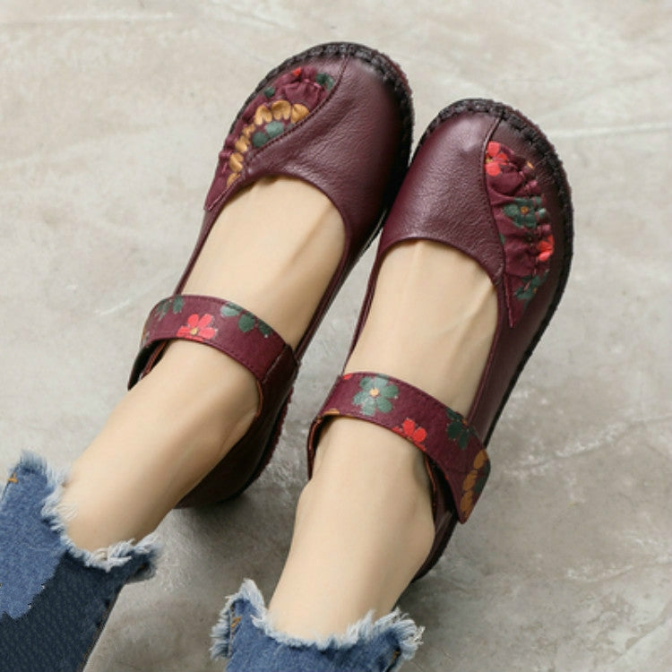 Flower Round Toe Soft Bottom Vintage Leather Flat Shoes