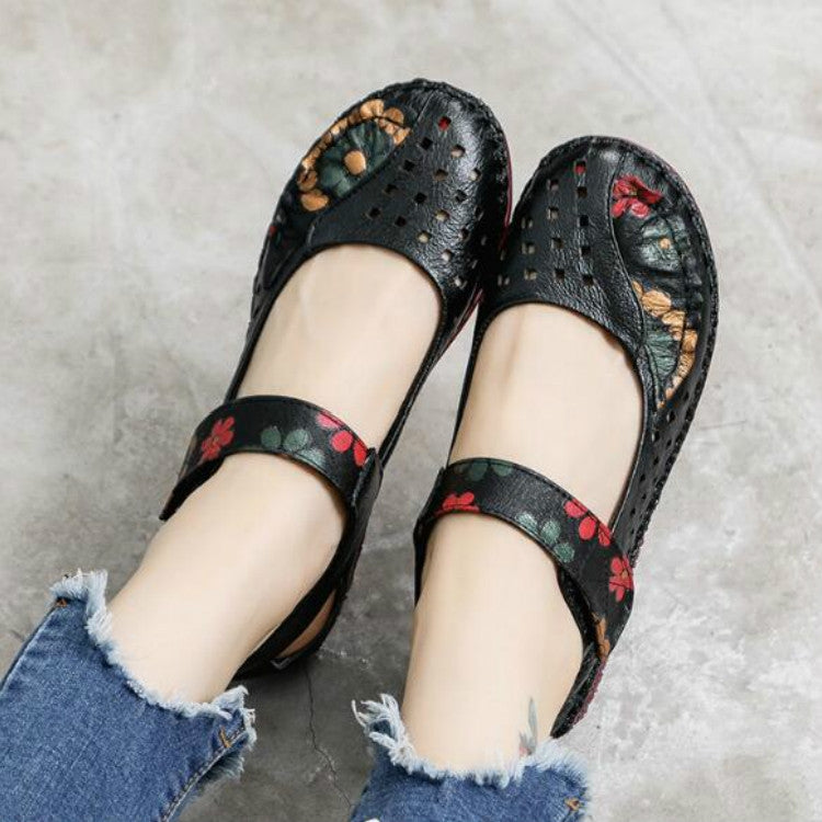 Flower Round Toe Soft Bottom Vintage Leather Flat Shoes — view 53