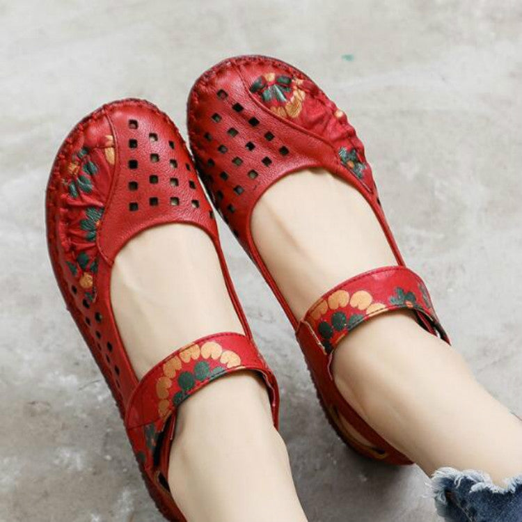 Flower Round Toe Soft Bottom Vintage Leather Flat Shoes — view 55