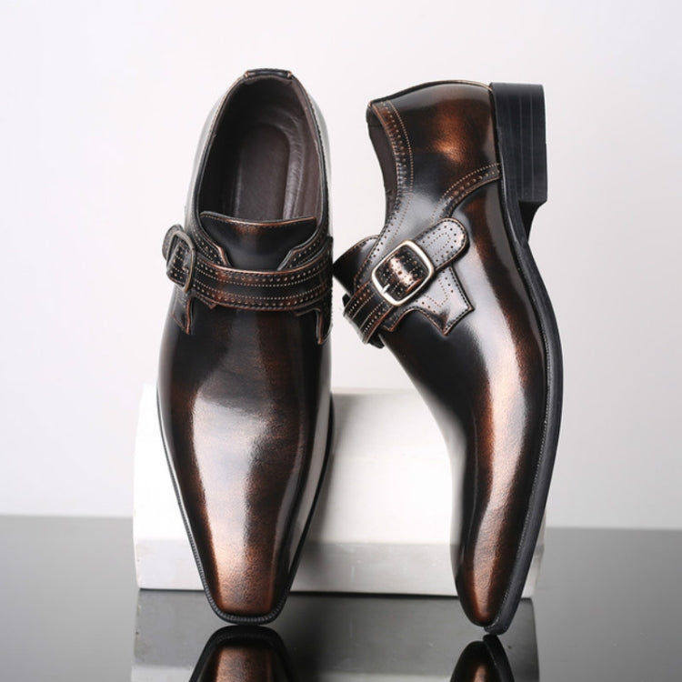Pointed British Style Men Leather Shoes Buckle Low Heel Shoes — view 12