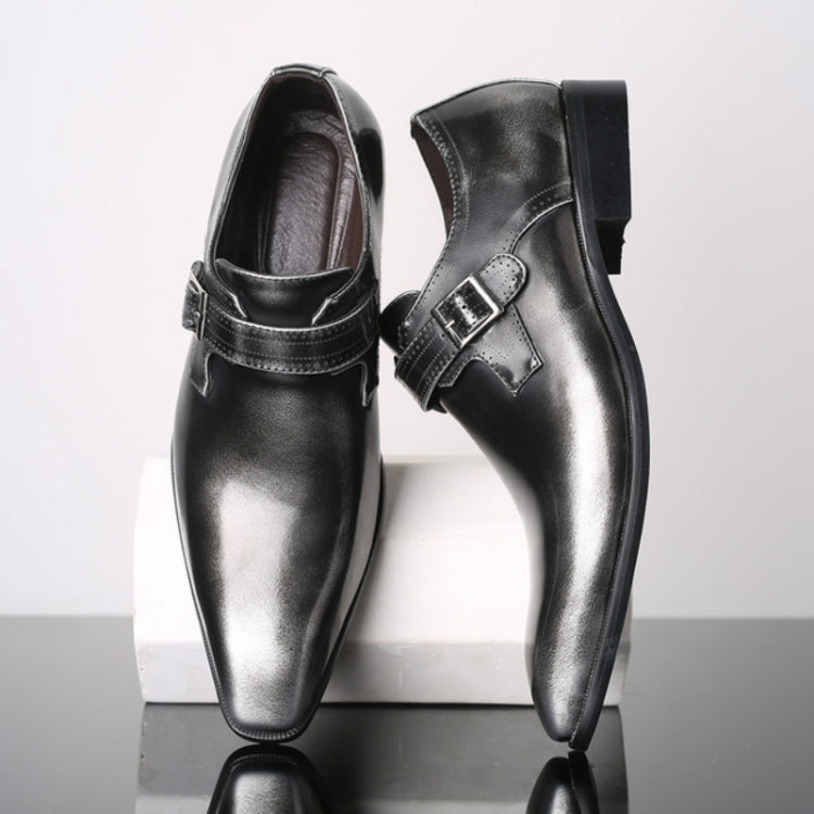 Pointed British Style Men Leather Shoes Buckle Low Heel Shoes — view 14