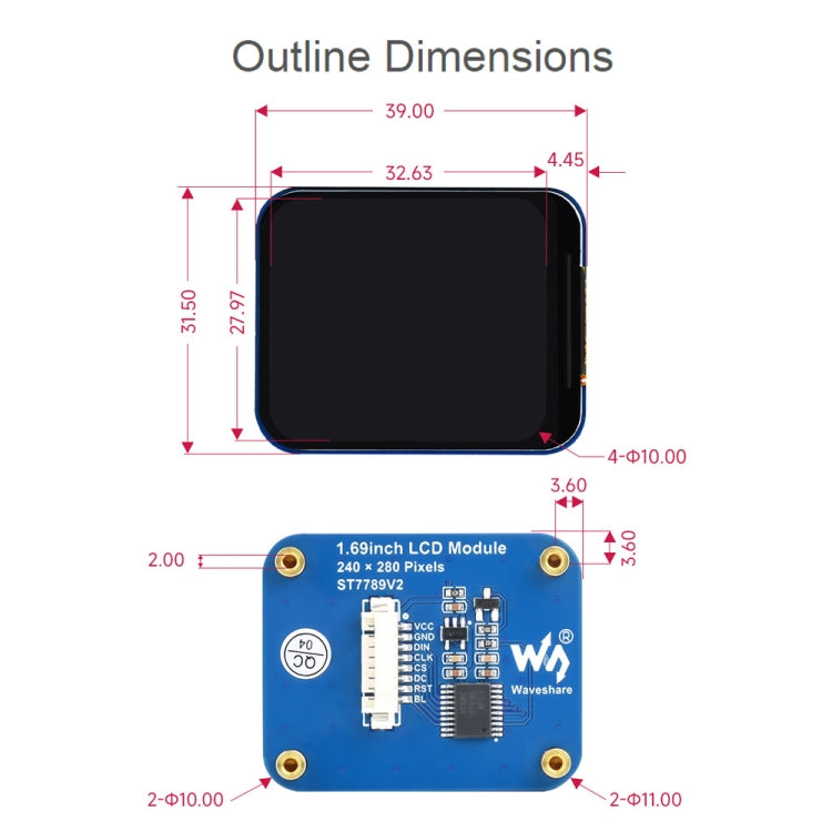 Waveshare 1.69 Inch 240×280 Resolution IPS LCD Display Module With SPI Interface