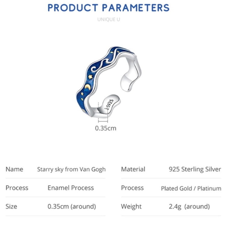 S925 Sterling Silver Ring Blue Starry Sky Plating Gold Open Ring
