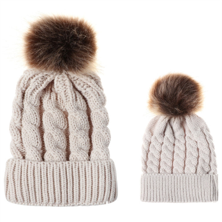 2 in 1 Autumn and Winter Parent-child Hat Set Warm Twist Texture Knit Hat with Wool Ball