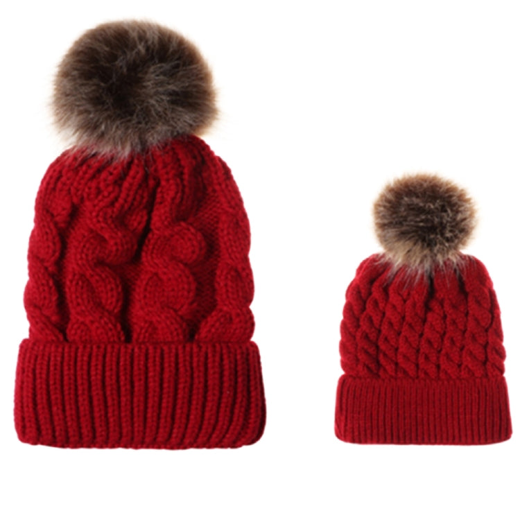 2 in 1 Autumn and Winter Parent-child Hat Set Warm Twist Texture Knit Hat with Wool Ball