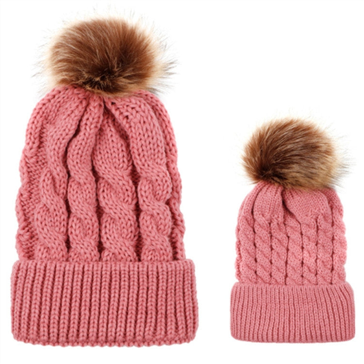 2 in 1 Autumn and Winter Parent-child Hat Set Warm Twist Texture Knit Hat with Wool Ball