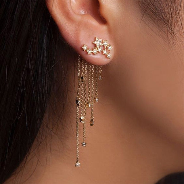 Women Fashion Star Streamlined Tassel Long Crystal Earrings