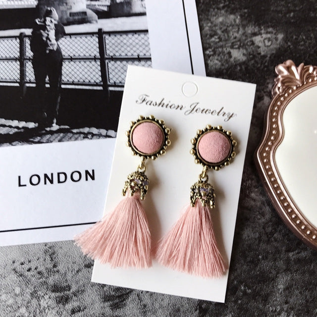Women Fashion Vintage Velvet Ball Fringed Drop Earring