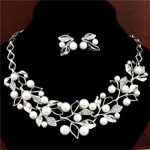 Leaf Crystal Simulated Pearl Wedding Jewelry Necklaces Earrings Sets — view 8