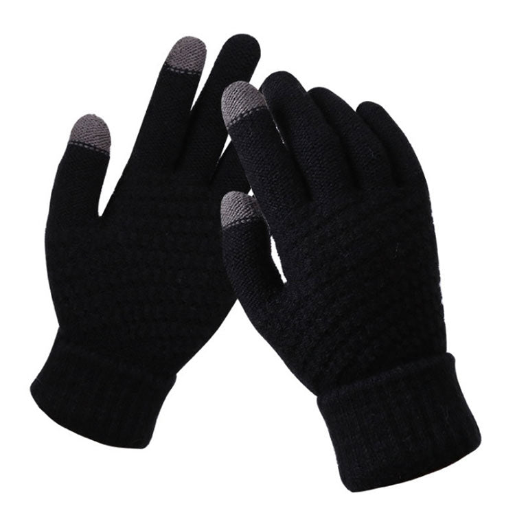 Winter Touch Screen Gloves Women Men Warm Stretch Knit Mittens Imitation Wool Thicken Full Finger Gloves — A-Navy Blue