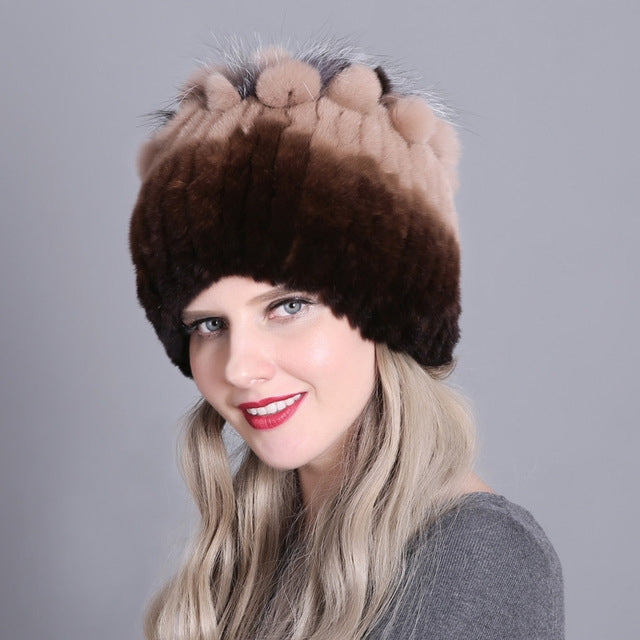 Rex Rabbit Fur Woven Female Models Leather Warm Thickening Colorful Knit Hat