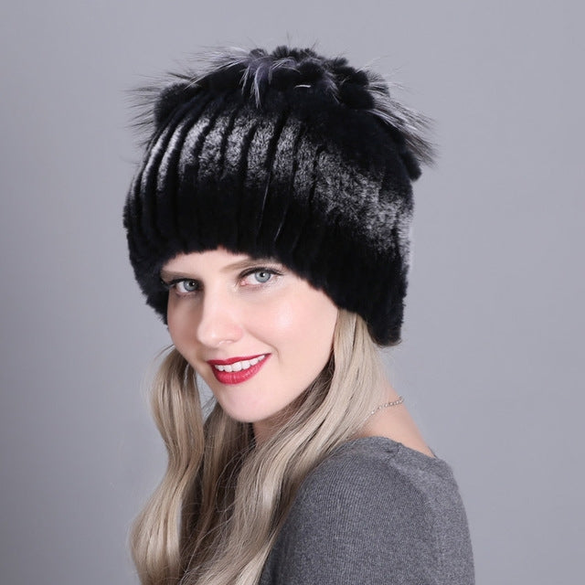 Rex Rabbit Fur Woven Female Models Leather Warm Thickening Colorful Knit Hat