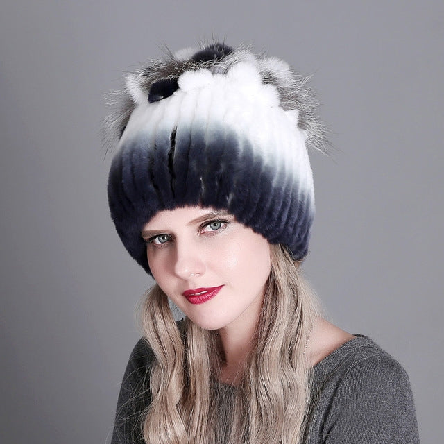 Rex Rabbit Fur Woven Female Models Leather Warm Thickening Colorful Knit Hat