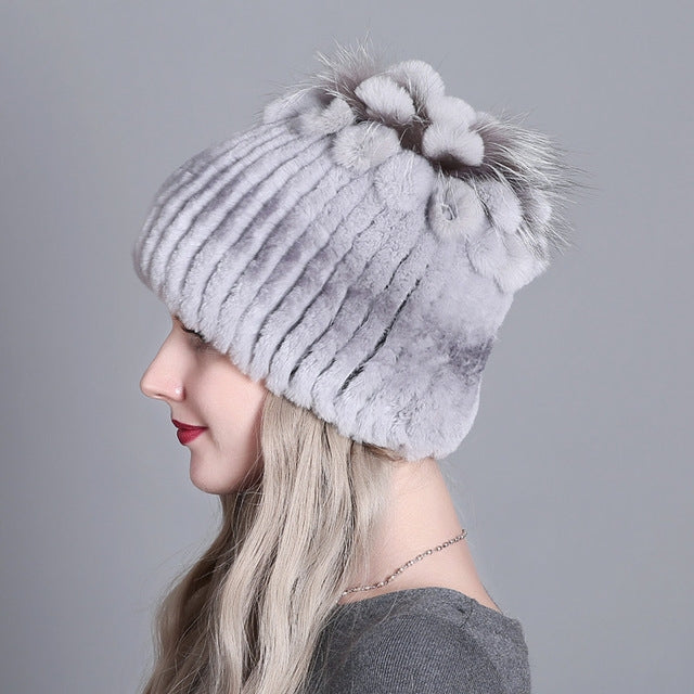 Rex Rabbit Fur Woven Female Models Leather Warm Thickening Colorful Knit Hat